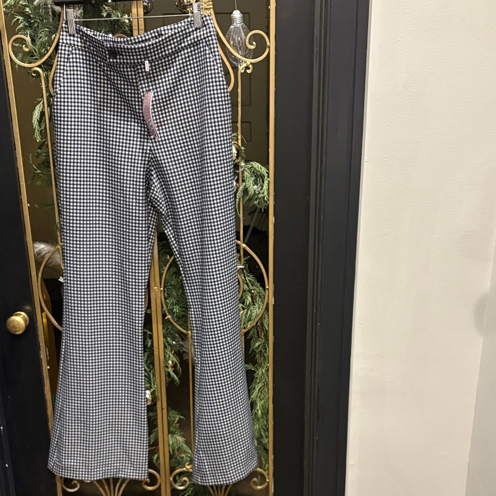 Avec Les Filles black and White Gingham wide leg bell bottom dress pants nwt 6